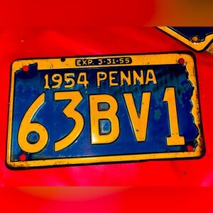Pennsylvania Vintage 1954 License Plate. 63BV1